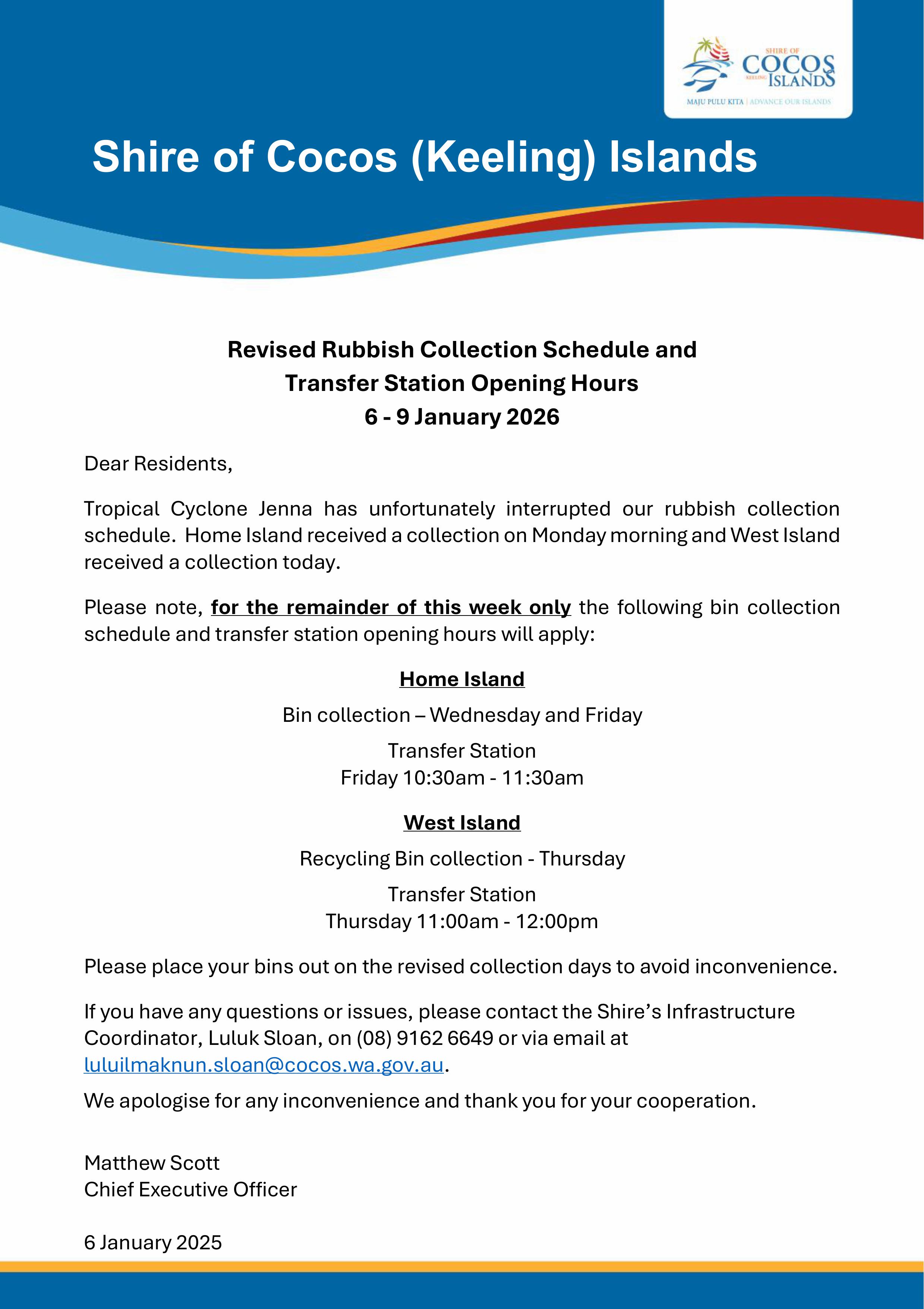 Rubbish Collection and Transfer Station Hours after TC Jenna