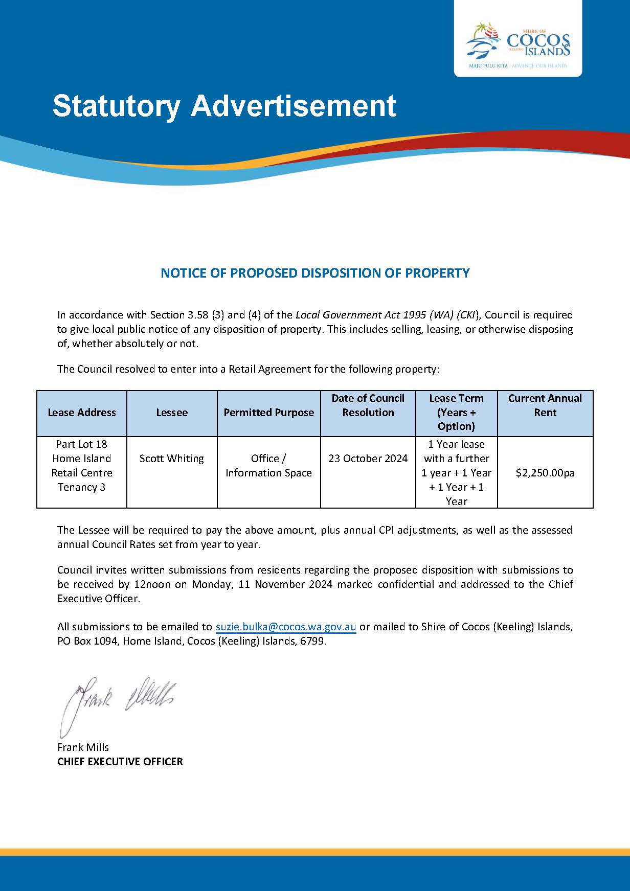 Disposition of Property Notice Part Lot 18 Retail Centre Tenancy 3