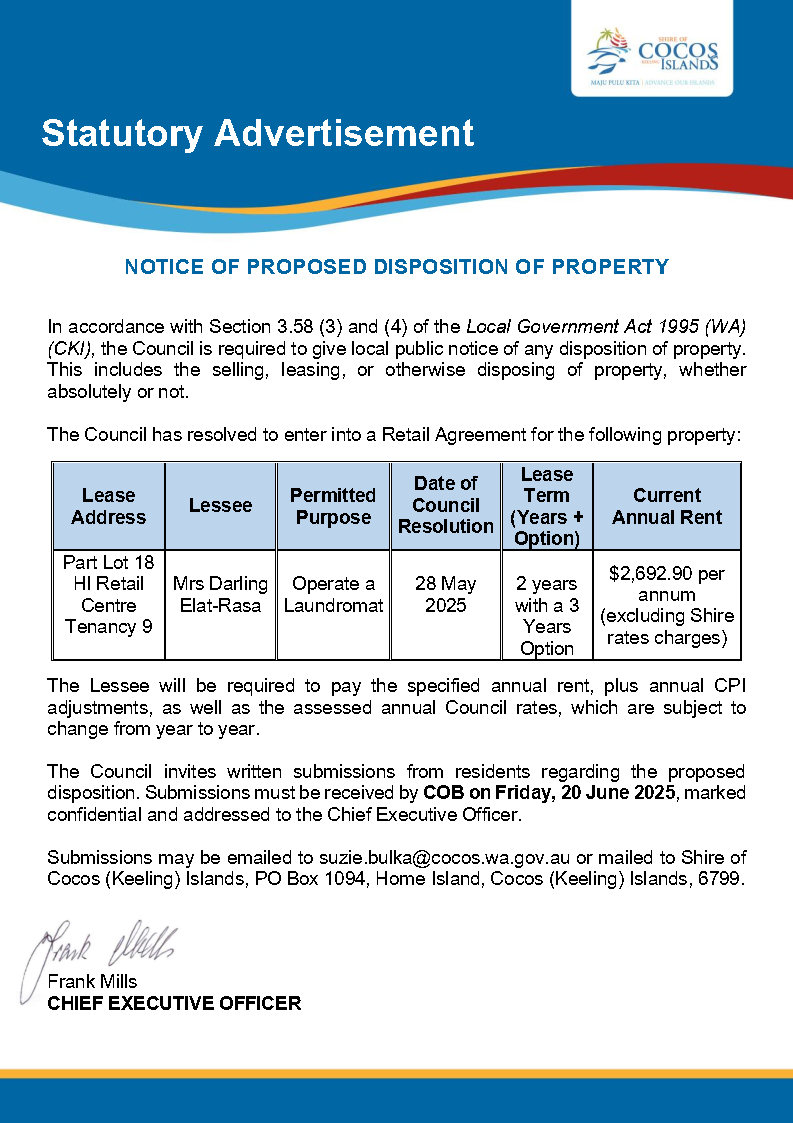 Disposition of Property Notice Part Lot 18 HI Retail Centre Tenancy 9