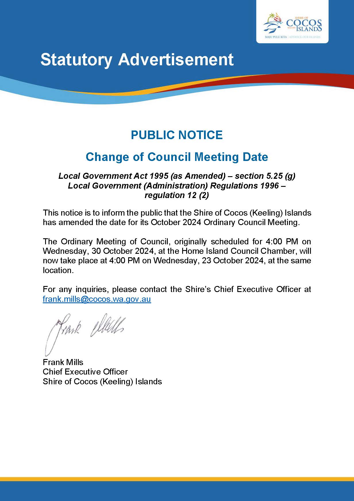 Public Notice   Change of October Council Meeting Date