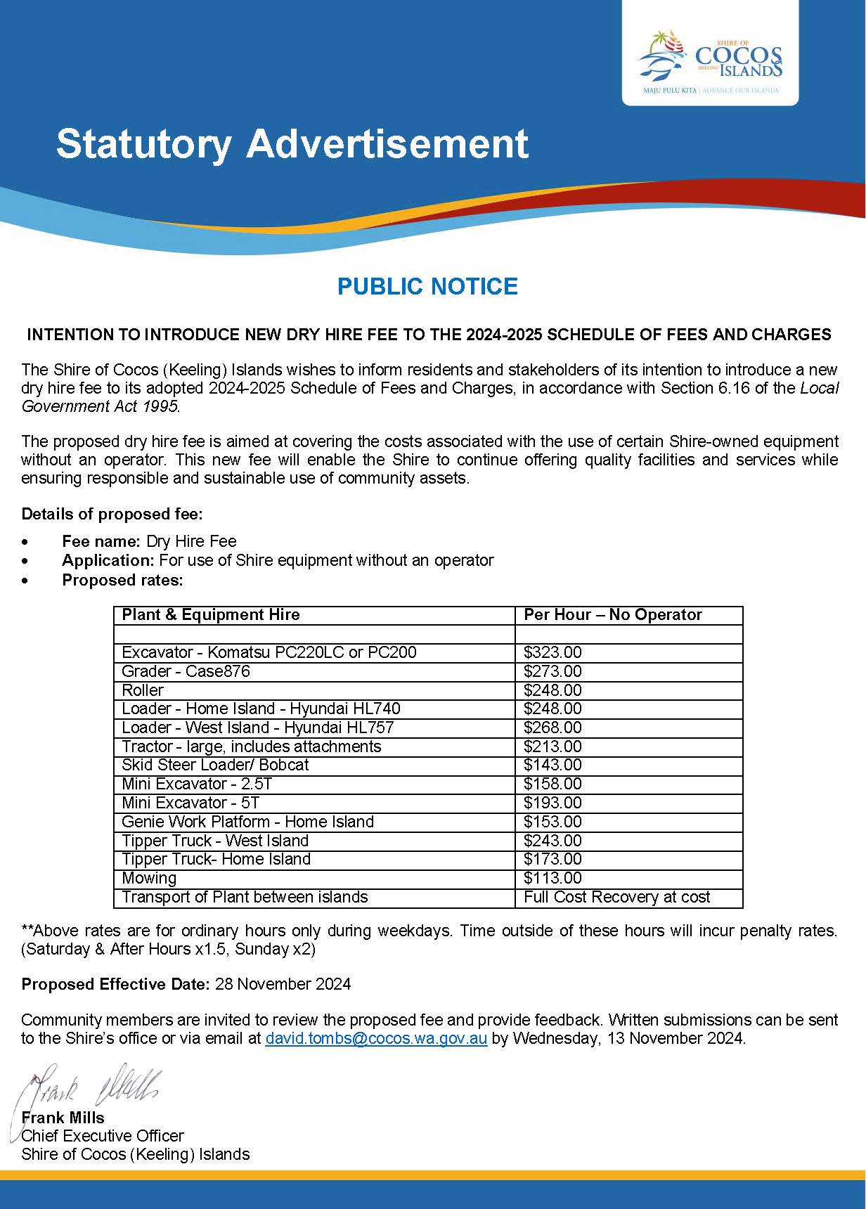 Public Notice   Dry Hire Fee 