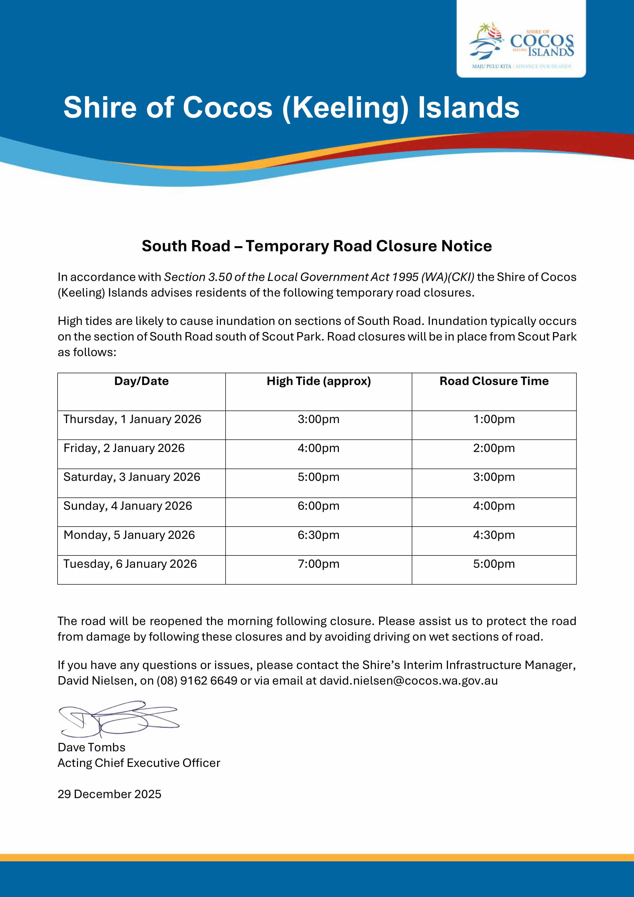 South Road Closures Jan 2026