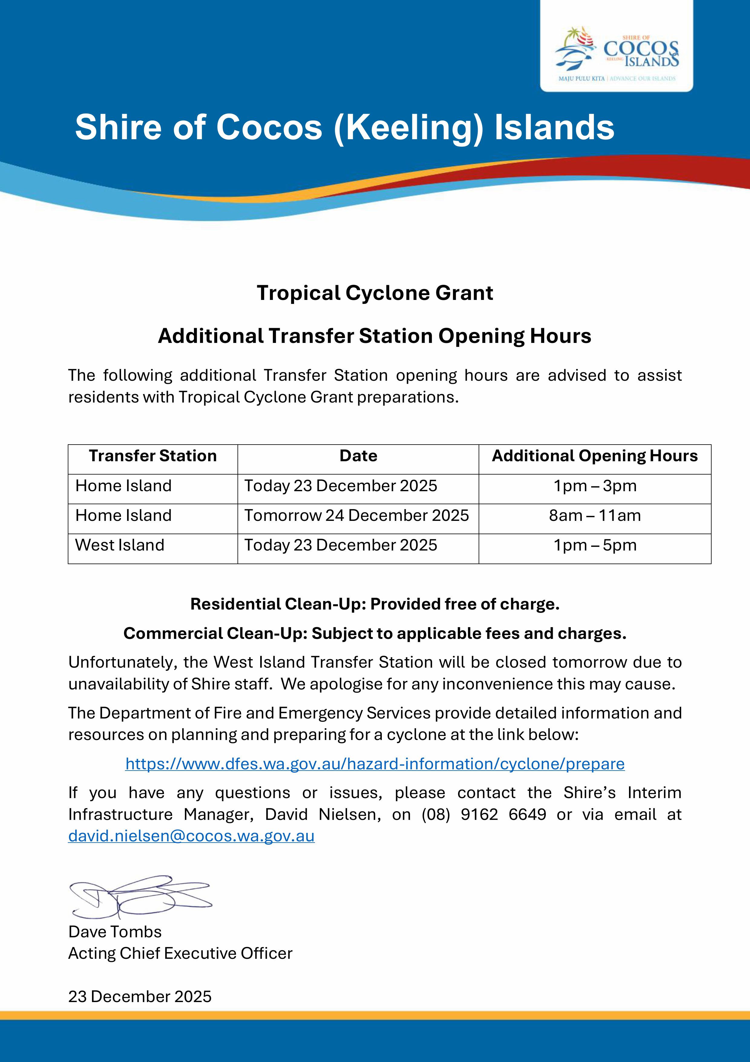TC Grant Additional Transfer Station Opening Hours